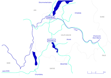Carte de la zone d'intervention locale : situant Annecy, Genève, les départements de la Haute-Savoie, Savoie et la Suisse. 