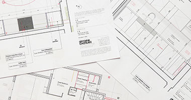 Elément graphique représentant des plans et des dessins réalisé par le bureau d'Antoine Chatiliez