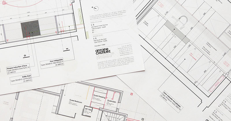 Elément graphique représentant des plans et des dessins réalisé par le bureau d'Antoine Chatiliez