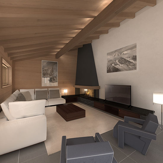 Cette vue 3D représente le salon avec son grand canapé d'angle face à la cheminée. 2 Fauteuils Cassina Utrecht de Gerrit Rietveld.
